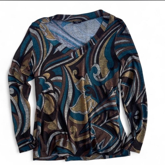 Tribal Tops - Tribal Retro Boho Abstract Print‎ V Neck Long Sleeve Top Women's